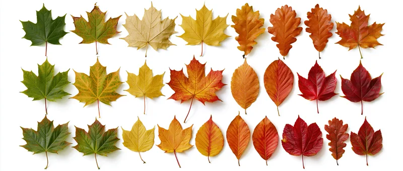 Twenty maple leaves arranged in three rows on white background