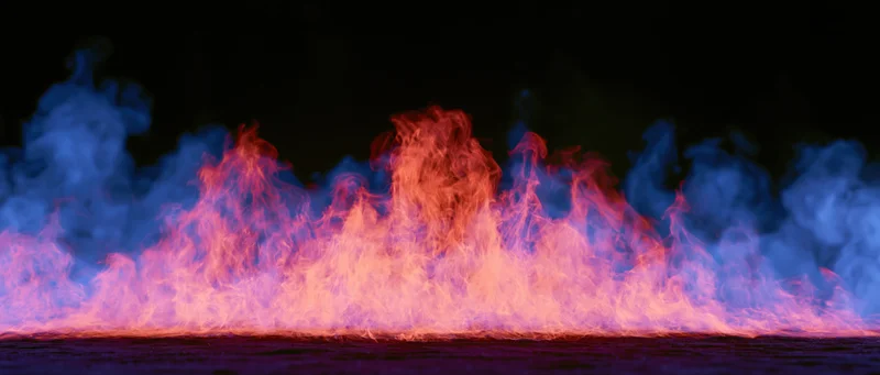 Colored smoke and flame-like tendrils rising from a dark surface at night