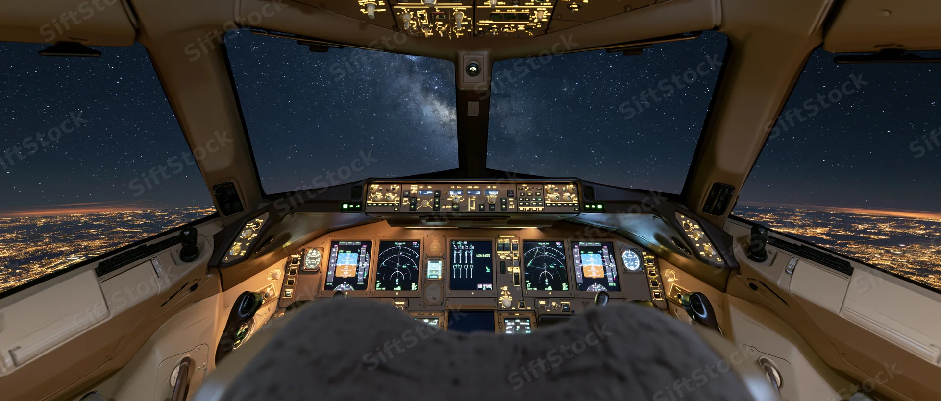 Cockpit interior view at night showing illuminated controls and starry sky over city lights