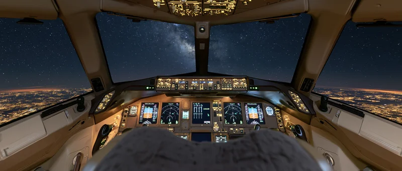 Cockpit interior view at night showing illuminated controls and starry sky over city lights