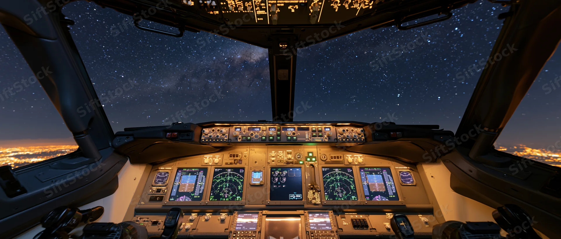 Interior view of an empty commercial airliner cockpit at night with stars and city lights visible through the windshield