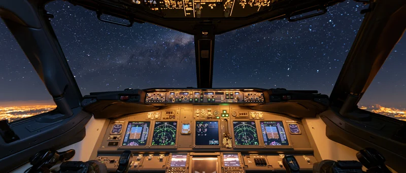 Interior view of an empty commercial airliner cockpit at night with stars and city lights visible through the windshield