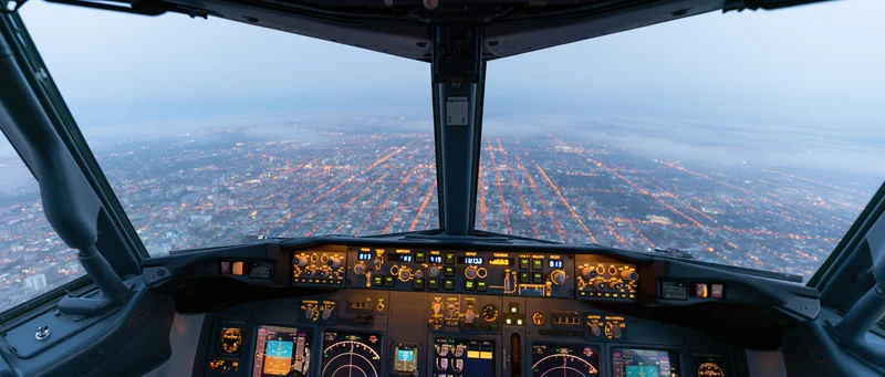 Cockpit interior view from pilot's seat overlooking city lights at dusk