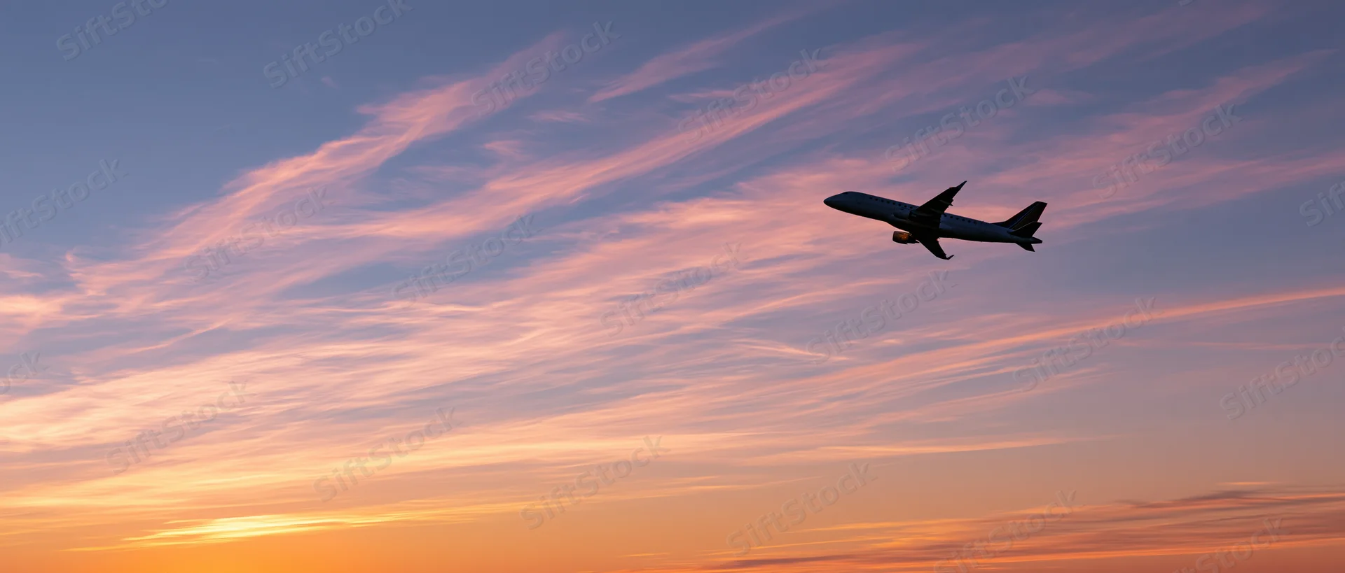 Commercial passenger jet climbing in silhouette against a colorful sunset sky