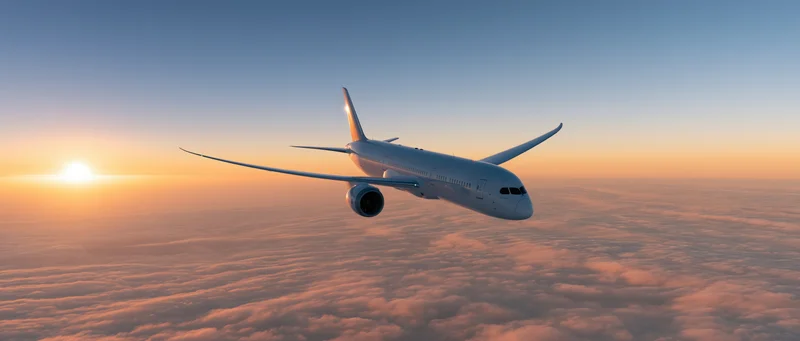 Commercial passenger jet flying above dense cloud layer at sunset