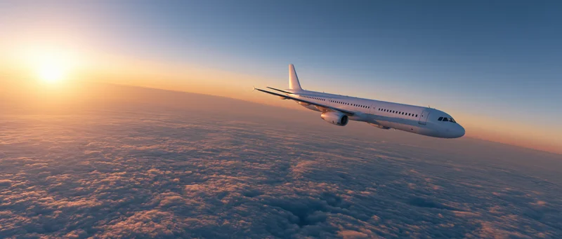 Commercial passenger jet flying above dense cloud layer at sunset