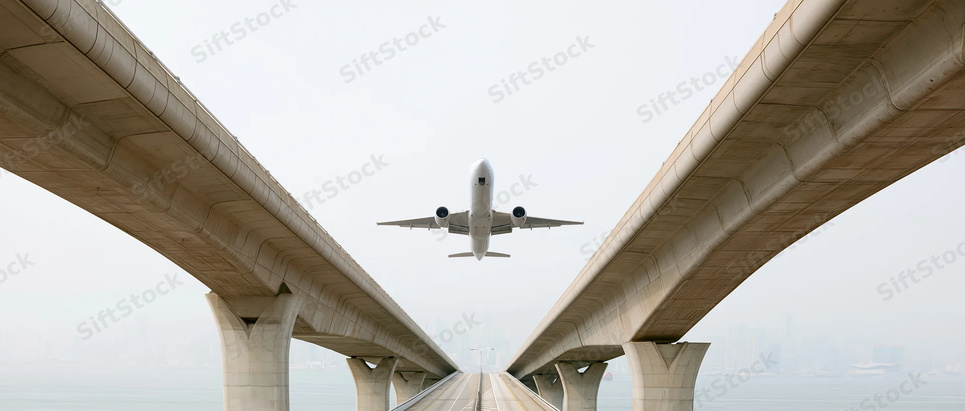Commercial passenger jet flying low between two diverging concrete bridge spans over water with city skyline in distance