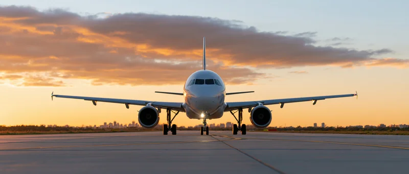Commercial passenger jet taxiing on airport runway facing camera at sunset