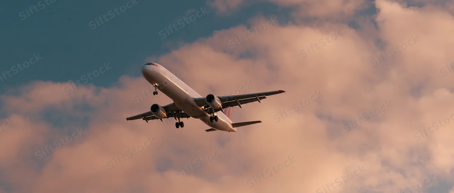Commercial passenger jet with landing gear down banking in sky at sunset