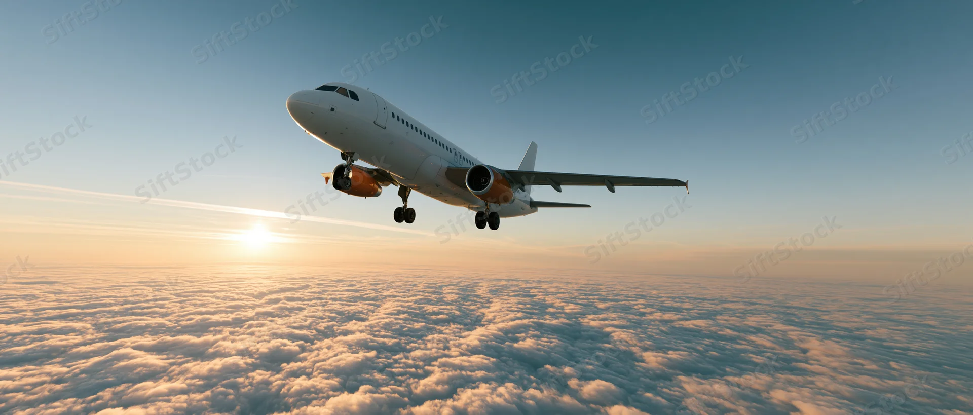 Commercial passenger jet with landing gear extended flying above clouds at sunrise
