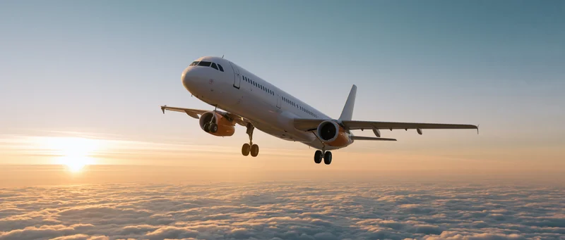 Commercial passenger jet with landing gear extended flying above clouds at sunset