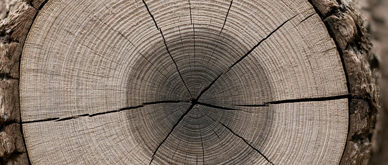 Cross-section of a large tree trunk showing growth rings and cracks