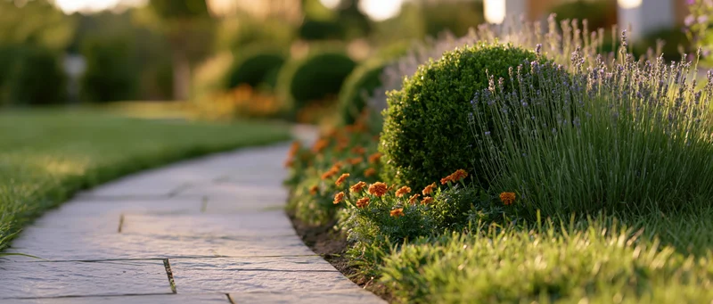 Curved stone path winding through a mixed perennial garden border with lavender and marigolds