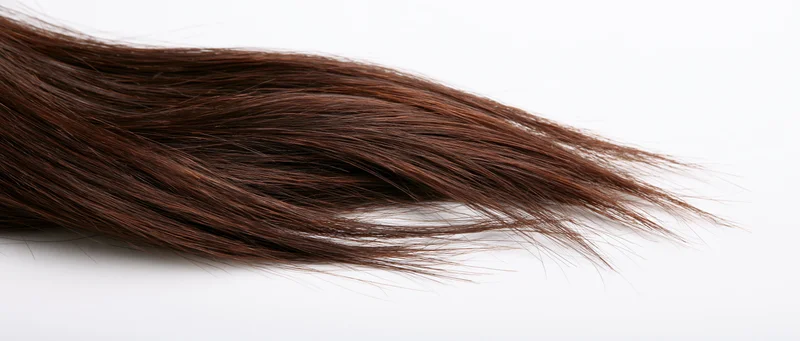 Long dark brown hair strand flowing in motion against white background