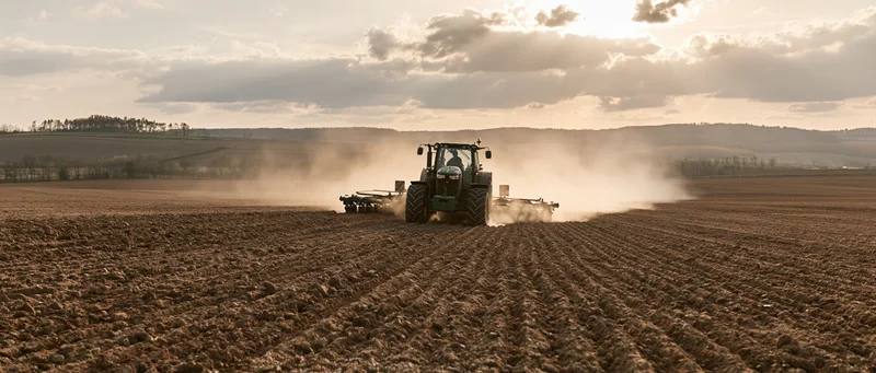 Dark green tractor pulling a cultivator across a freshly plowed field at dusk