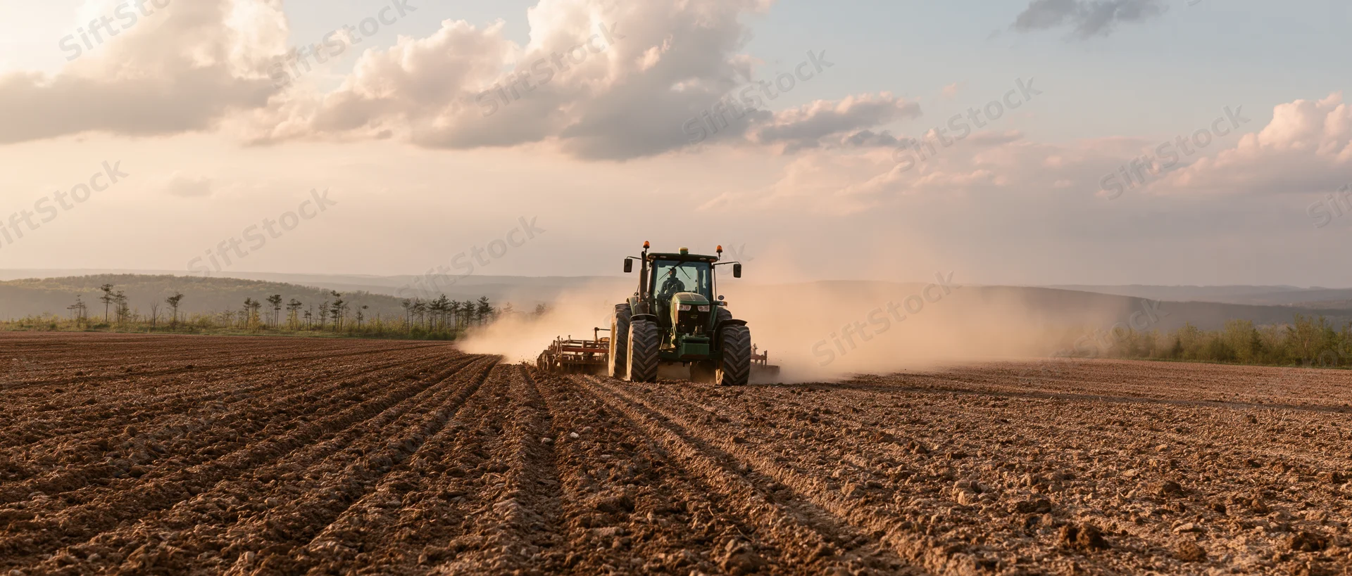 Green tractor pulling cultivator across plowed field at sunset