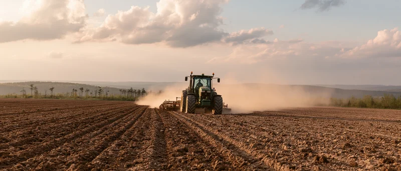Green tractor pulling cultivator across plowed field at sunset
