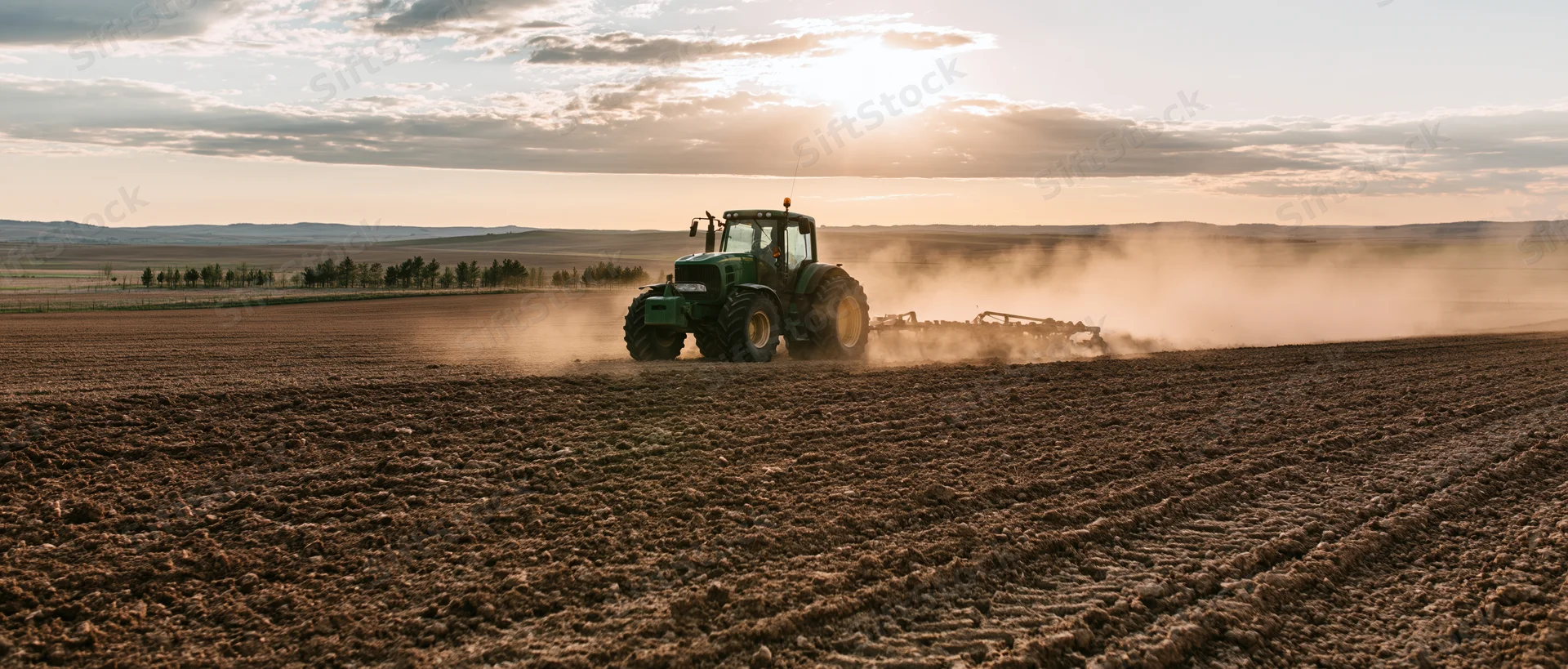 Green tractor pulling cultivator across plowed field at sunset