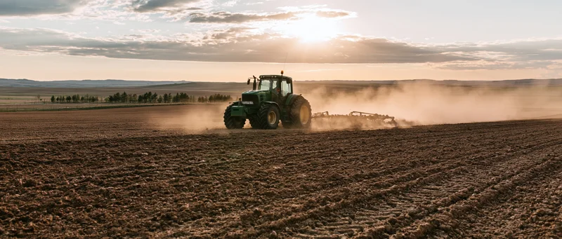 Green tractor pulling cultivator across plowed field at sunset