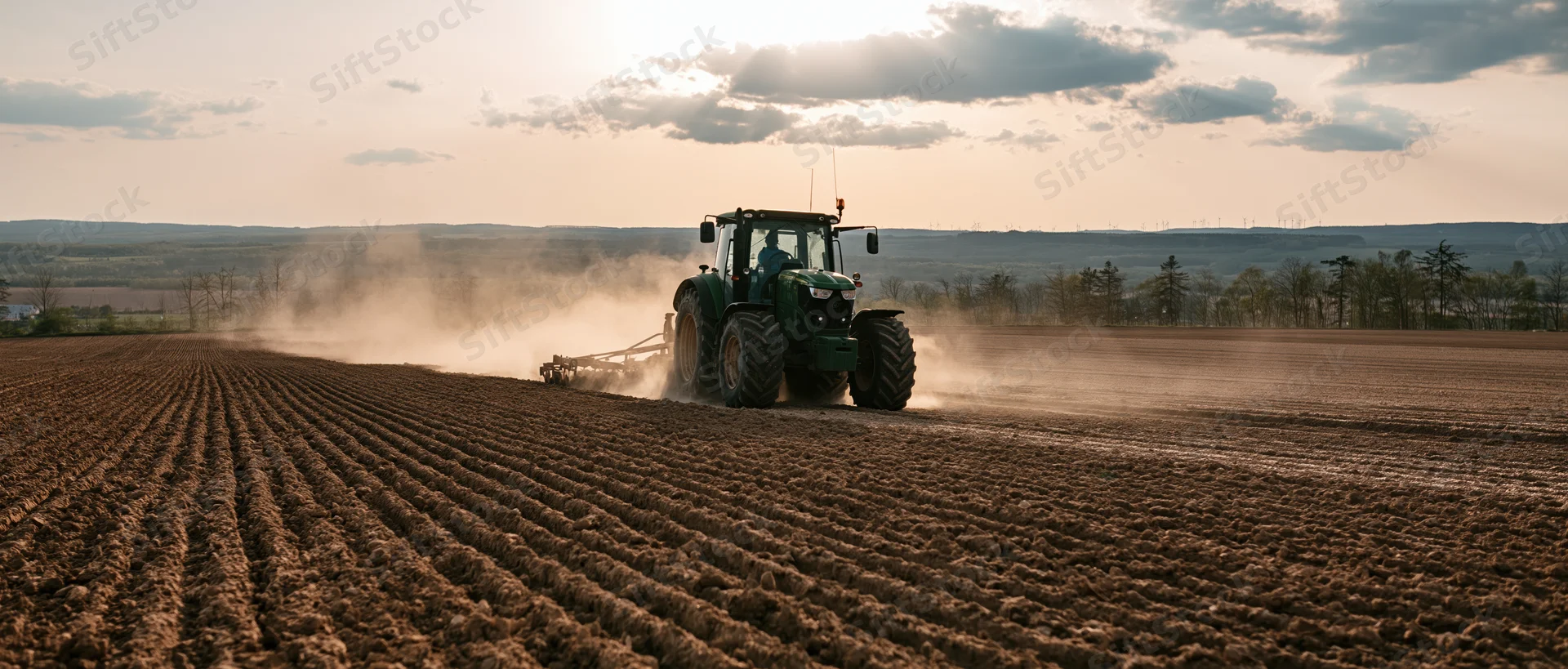 Dark green tractor pulling cultivator across freshly plowed field at dusk