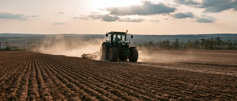 Dark green tractor pulling cultivator across freshly plowed field at dusk