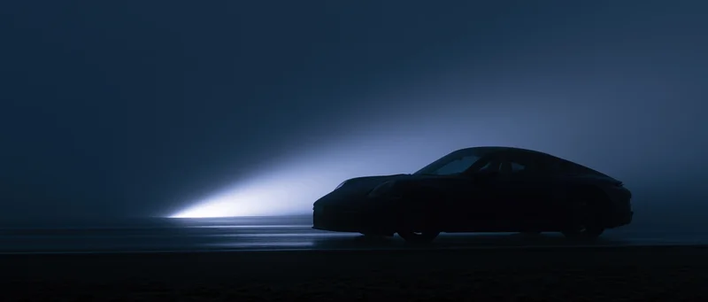 Dark silhouette of a sports car on a flat open road at night with headlights casting a beam of light