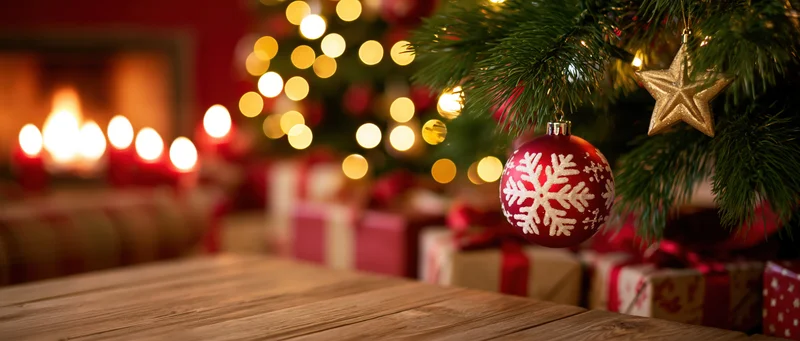 Decorated christmas tree with ornaments and gifts near fireplace, wooden table in foreground