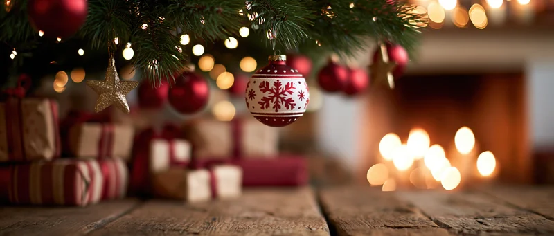 Decorated christmas tree base with wrapped gifts and ornaments near a fireplace