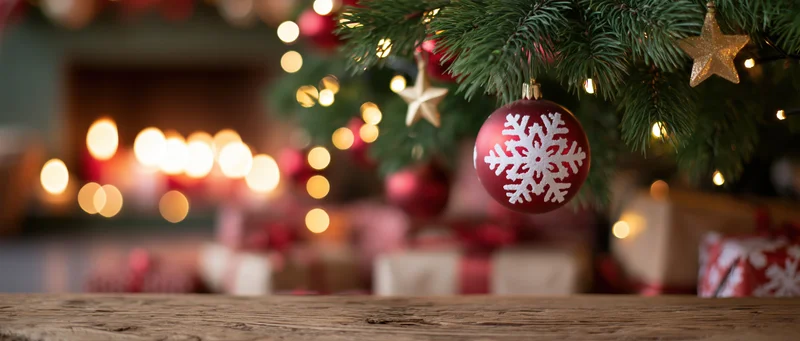 Decorated christmas tree with red snowflake ornament and wrapped gifts in background, wooden table in foreground
