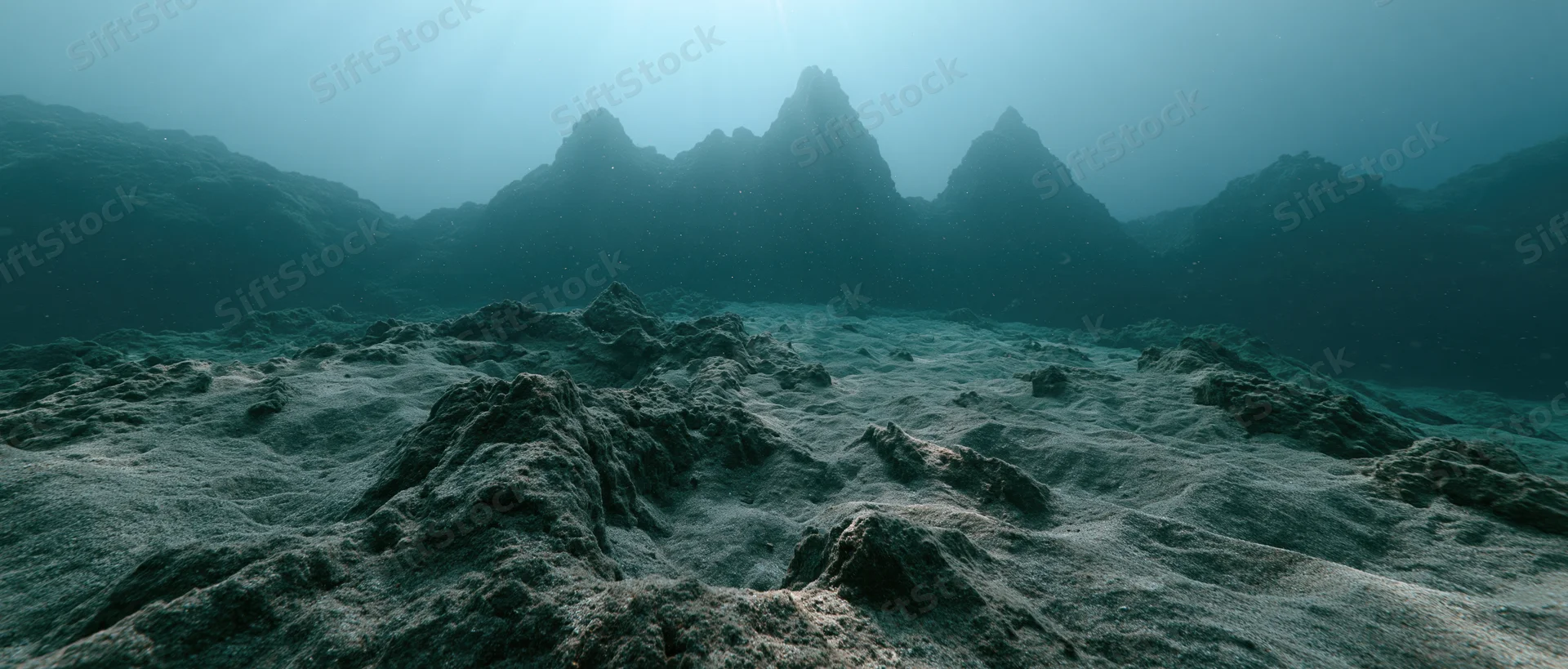 Deep ocean floor with sandy sediment and rocky ridges stretching into the distance underwater
