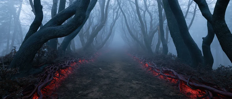 Winding forest path at night with glowing red roots under foggy trees