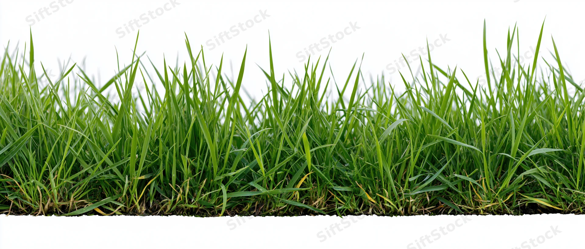 Dense green grass blades forming an uneven natural border against white background