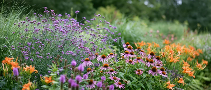 Dense mixed perennial garden border in full summer bloom with purple, orange, and pink flowers among green foliage