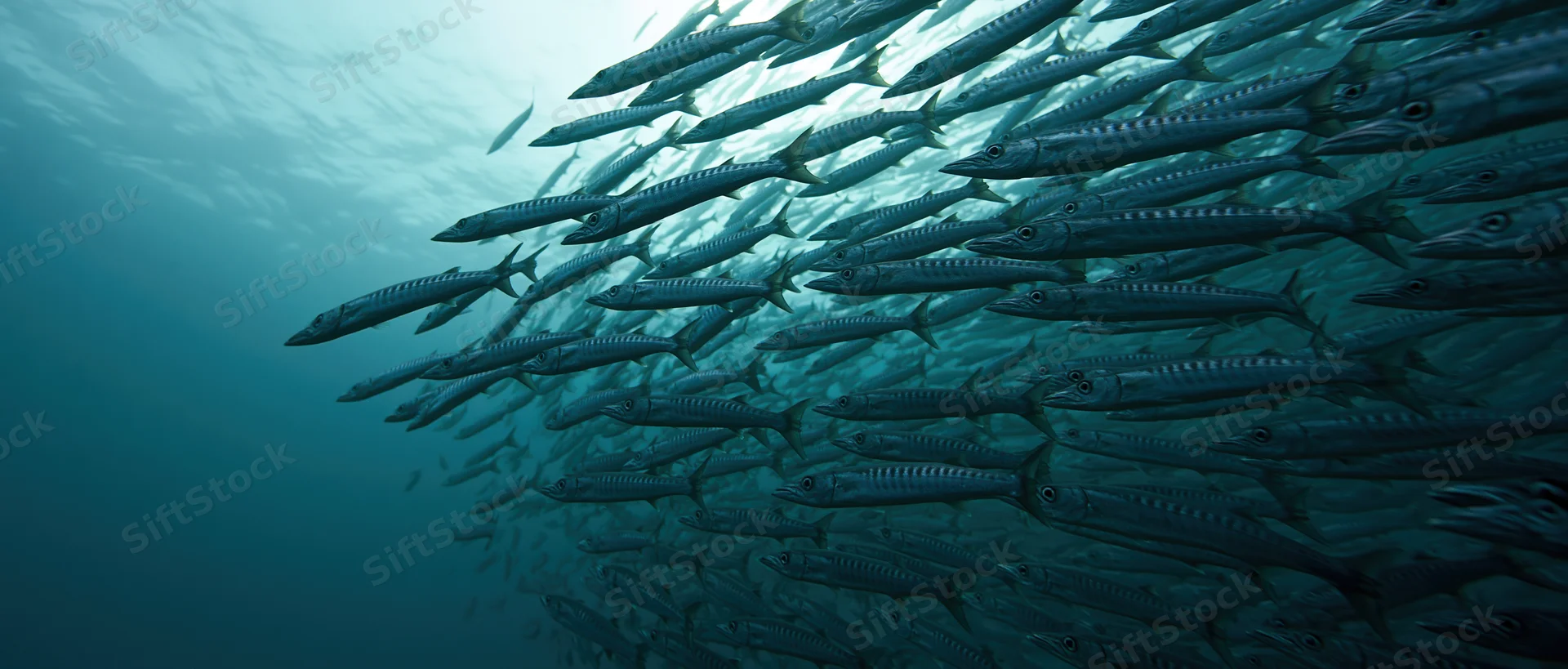 Dense school of silver barracuda swimming in tight formation underwater in the ocean