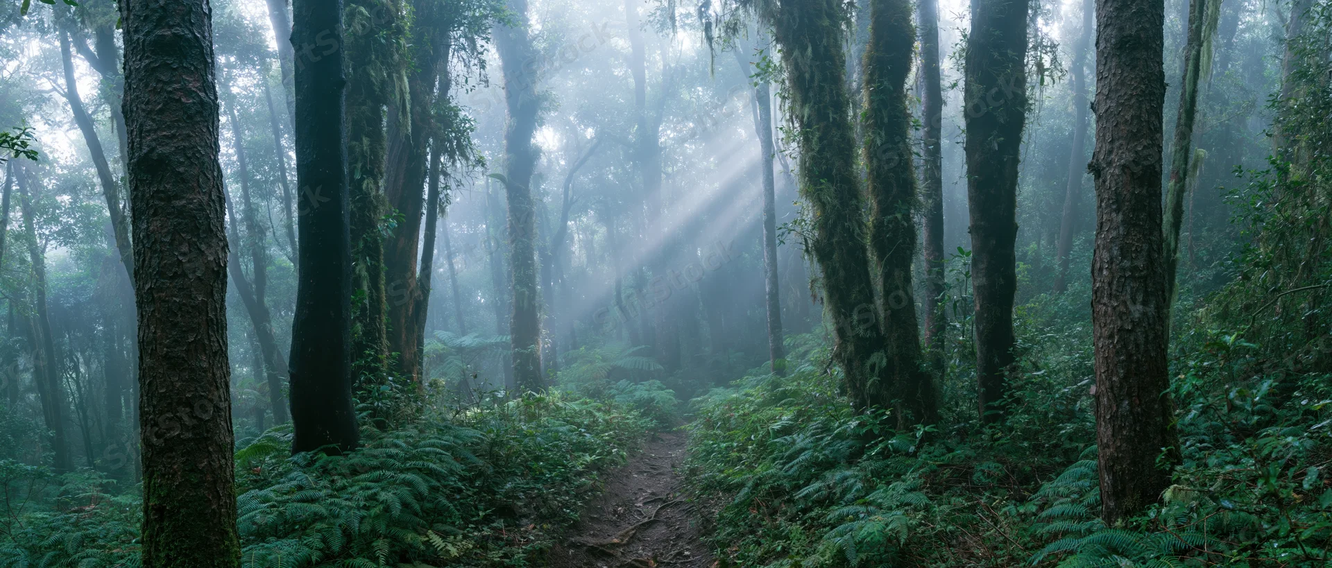 Misty tropical cloud forest with moss-covered trees and sunlight beams filtering through canopy over a narrow path surrounded by ferns and dense green undergrowth