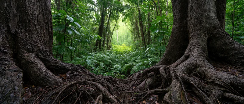 Dense tropical rainforest interior framed by massive tree roots with lush green foliage and dappled light filtering through the canopy