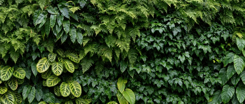 Dense vertical green wall covered in mixed tropical foliage