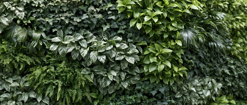 Dense vertical living plant wall covered in layered tropical foliage
