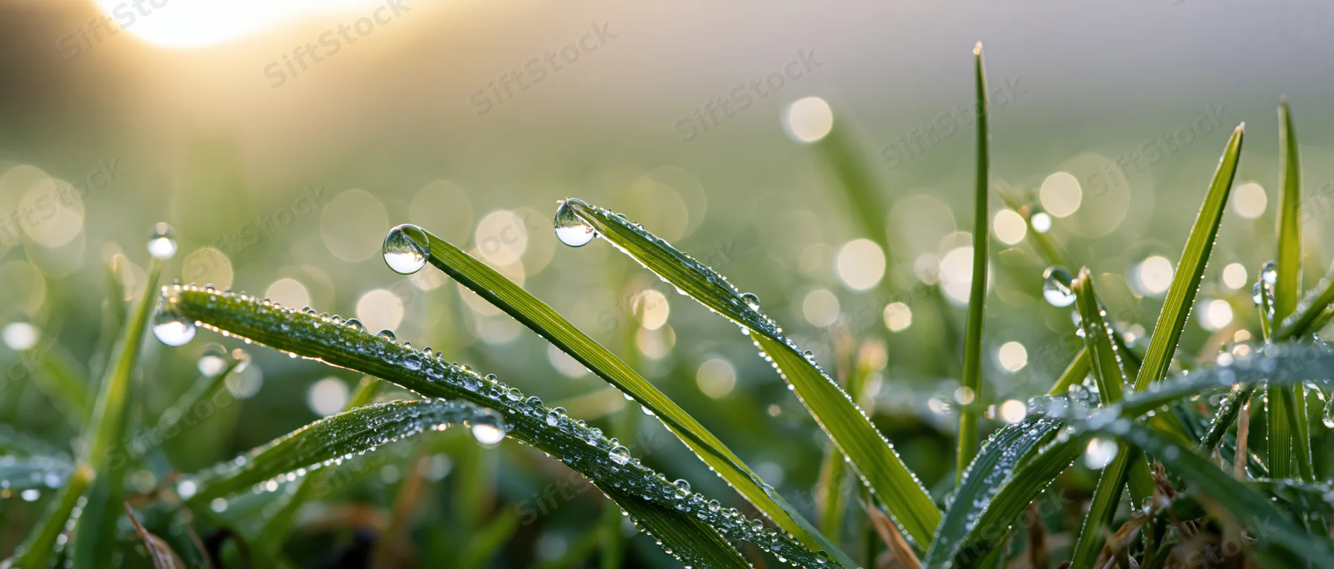 Closeup of dew-covered grass blades in morning light with bokeh background