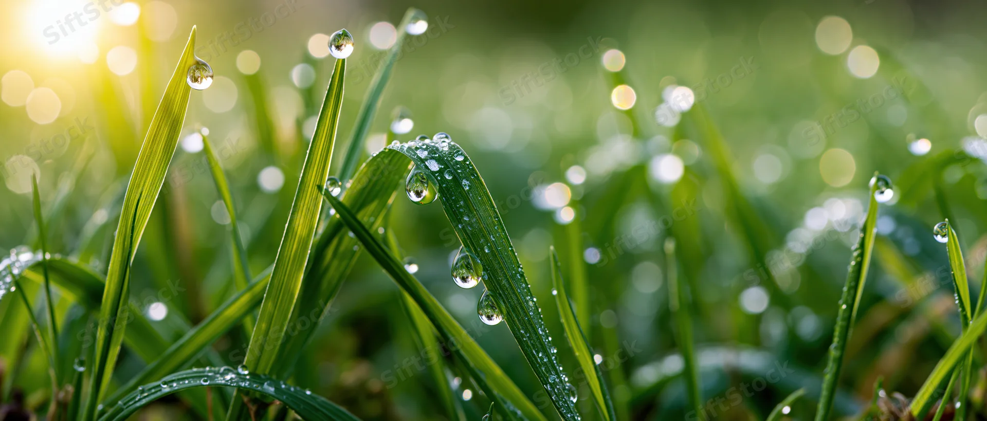 Closeup of dew-covered grass blades in morning sunlight at ground level