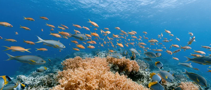 Diverse tropical fish swimming above shallow coral reef in clear blue water
