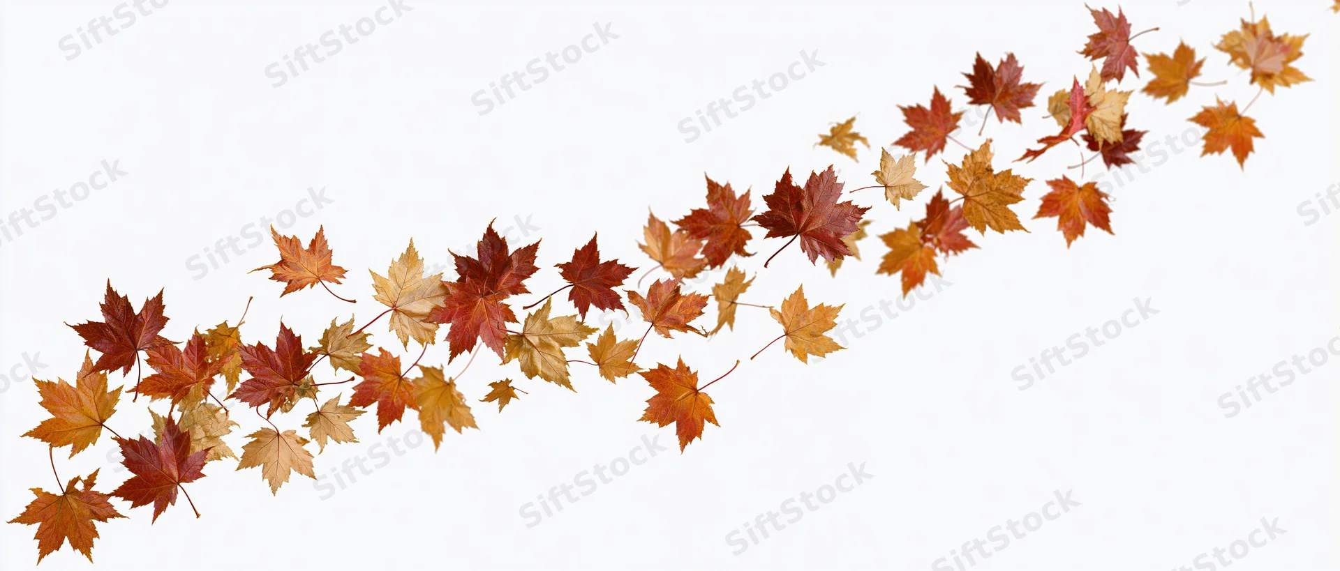 Autumn maple leaves floating and scattered across a white background