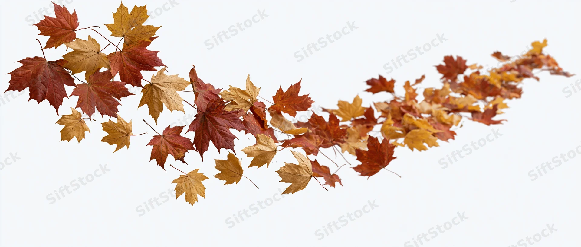 Autumn maple leaves floating mid-air against white background