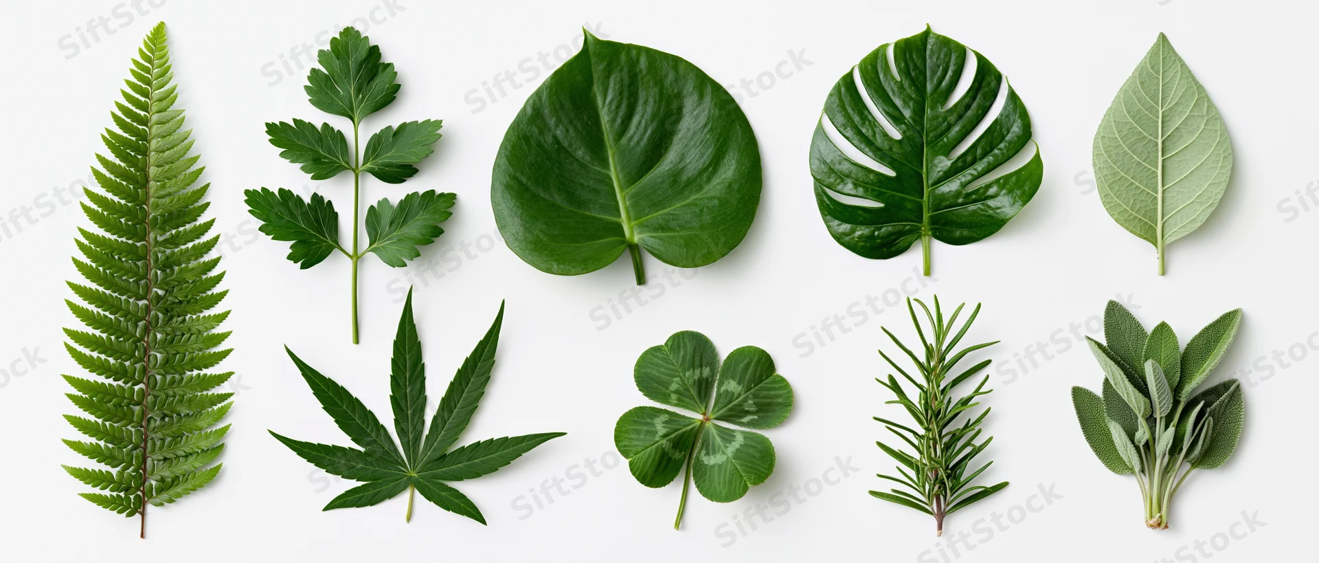 Eight different green leaves arranged in two rows on a white background