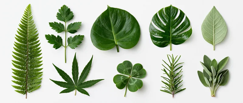 Eight different green leaves arranged in two rows on a white background