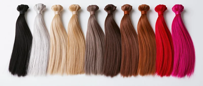 Eleven bundled hair extension wefts arranged horizontally on white background