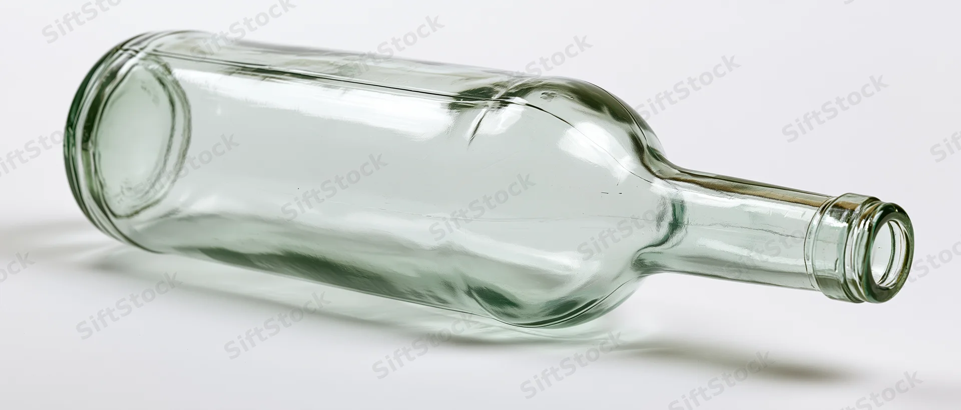 Empty clear glass wine bottle lying on its side on white background