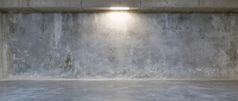 Empty concrete room interior with weathered wall and spotlight on ceiling