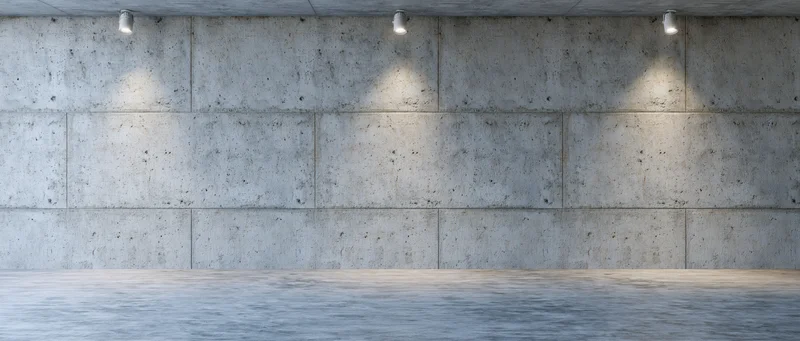 Empty concrete room with polished cement floor and large segmented walls under spotlight lighting