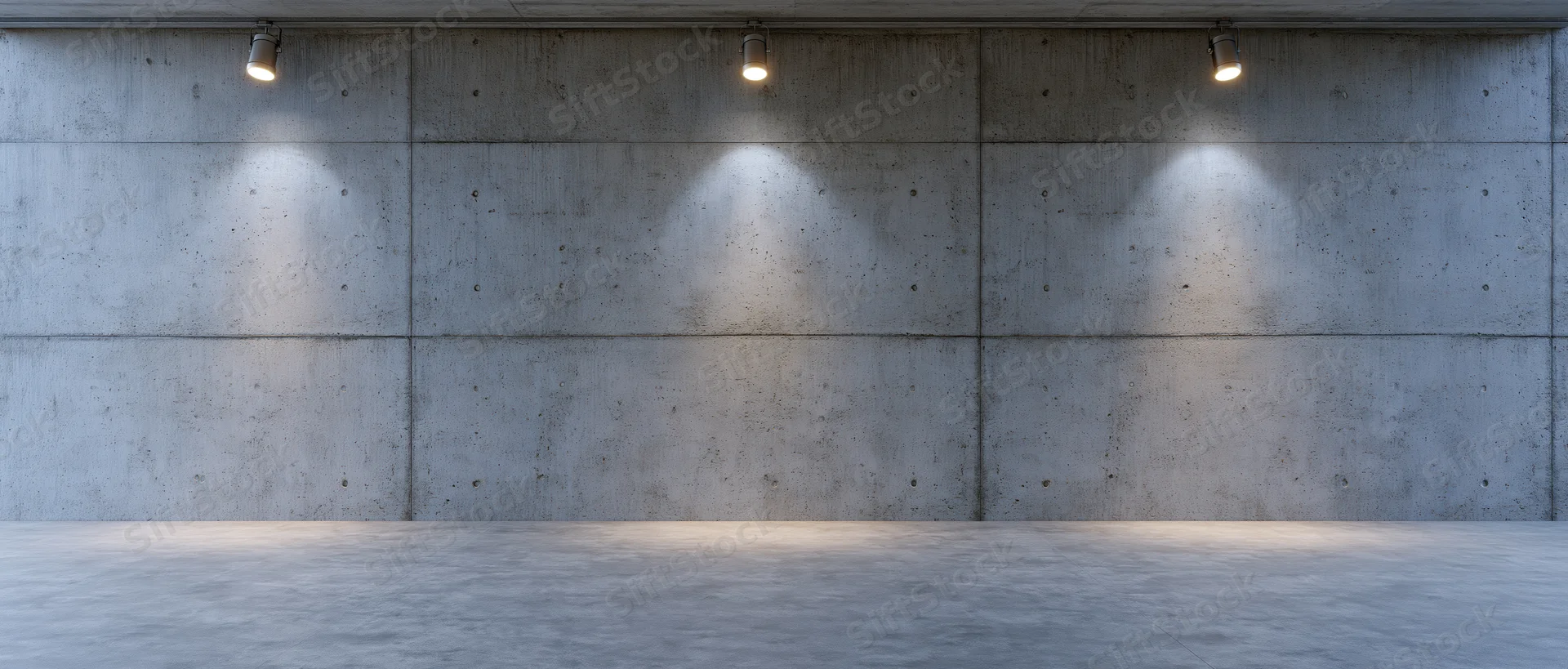 Empty concrete room with polished cement floor and three spotlights on the ceiling